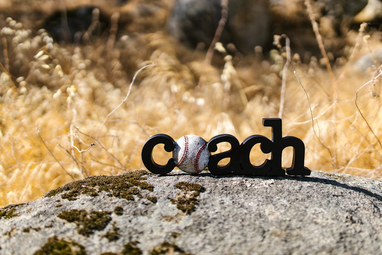 Home Creative display of a baseball with the word 'coach' on a rustic rock outdoors.